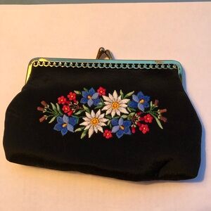 Floral Embroidered Black Clutch